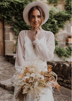 Long Sleeves Ivory Polka Dot Tulle Cute Wedding Dress